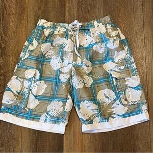 VTG Tropical Hawaiian Swim Trunks Men's M‎ Floral Hibiscus Plaid Mesh Lined Y2K